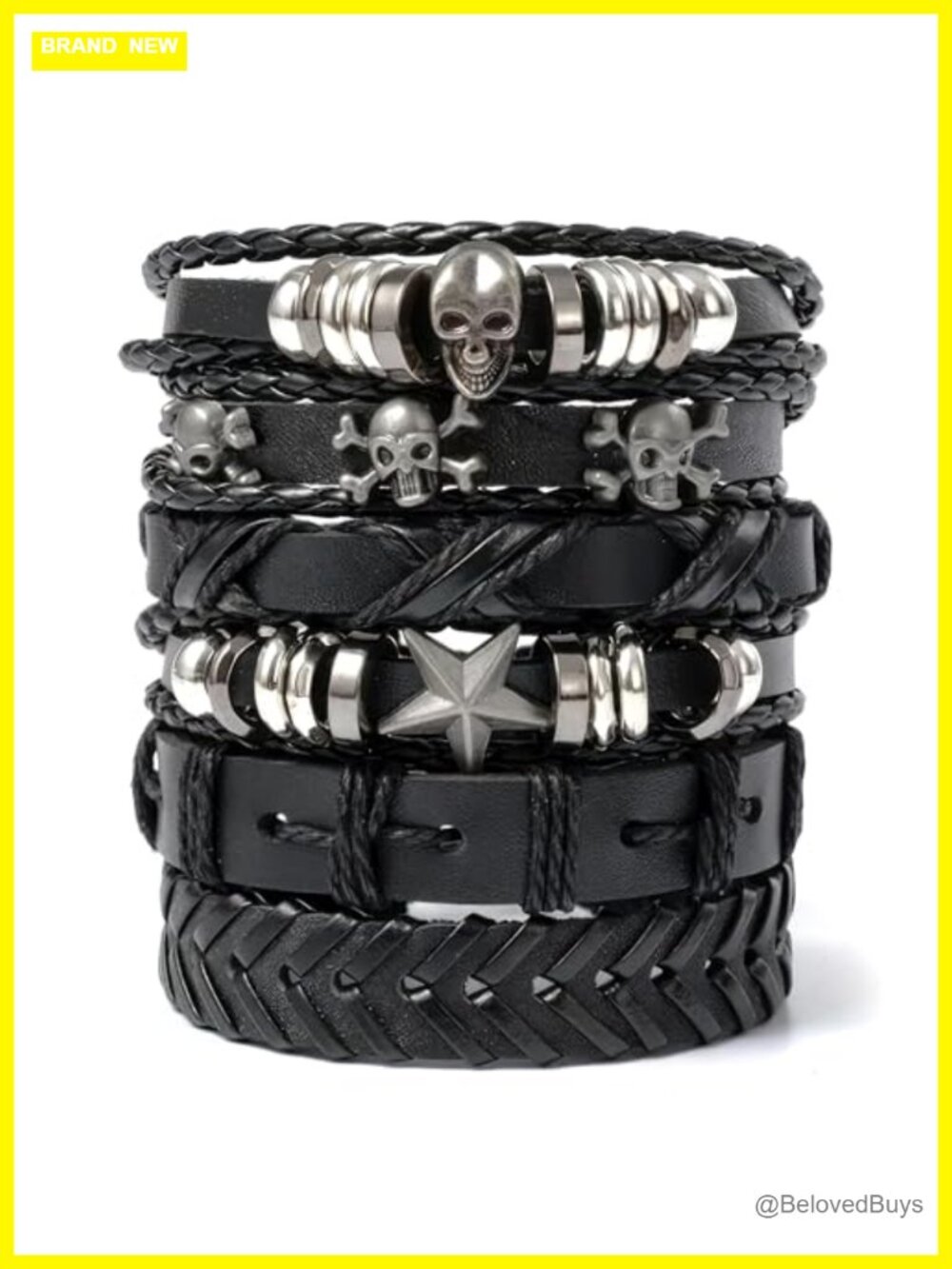 6 Pcs Goth Bracelets Set, Faux Leather Adjustable Skull Star Punk